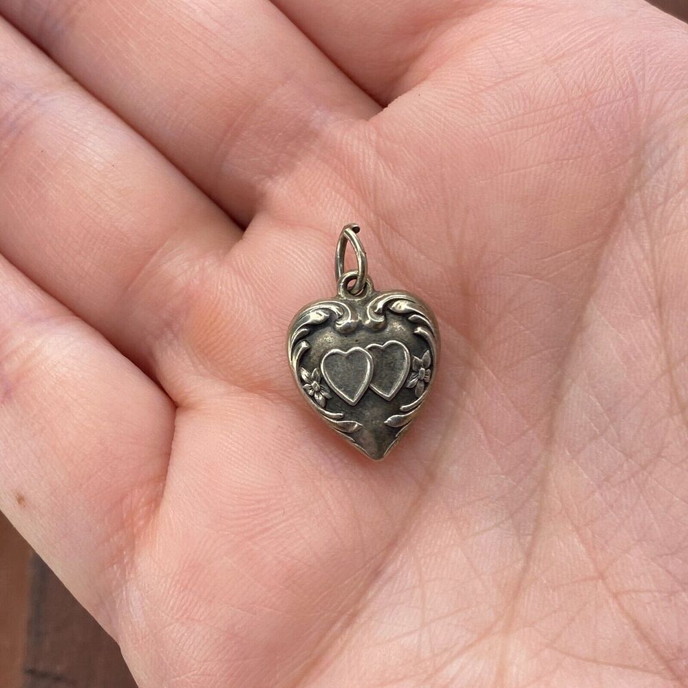Vintage 925 Sterling Silver "Dad" Two Hearts Flower Swirls Puffy Heart Charm